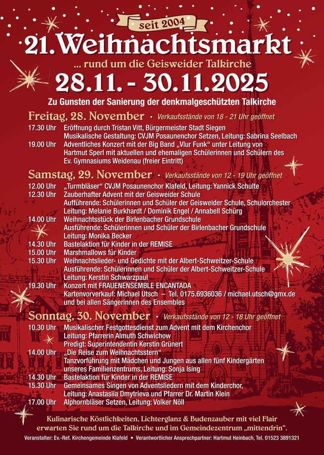 21. Weihnachtsmarkt rund um die Geisweider Talkirche